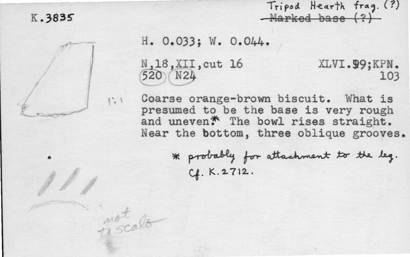 Index card with typed and handwritten information, sometimes including a sketch, of pottery from an excavation.