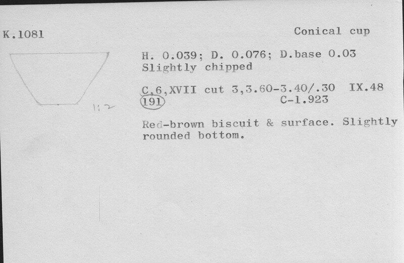 Index card with typed and handwritten information, sometimes including a sketch, of pottery from an excavation.