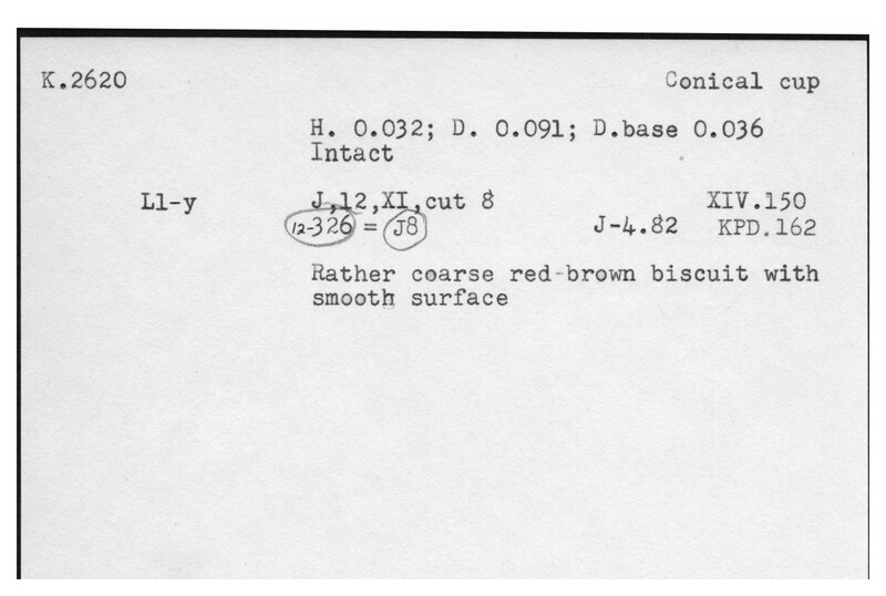 Index card with typed and handwritten information, sometimes including a sketch, of pottery from an excavation.