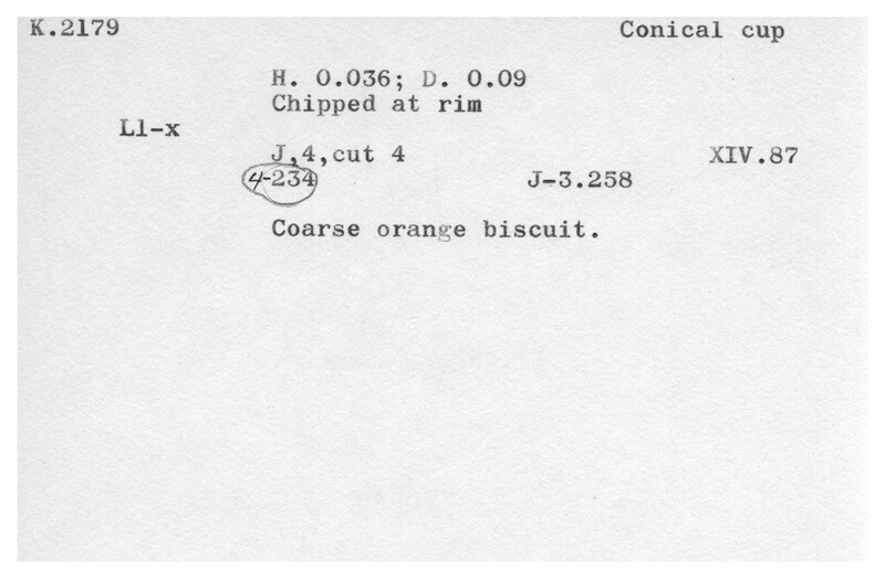 Index card with typed and handwritten information, sometimes including a sketch, of pottery from an excavation.