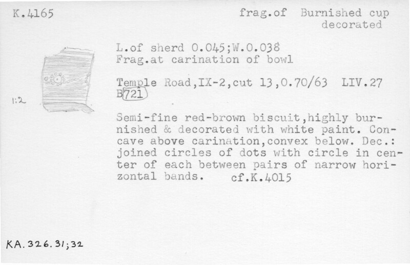 Index card with typed and handwritten information, sometimes including a sketch, of pottery from an excavation.