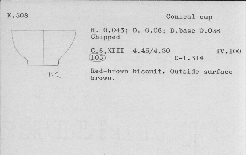 Index card with typed and handwritten information, sometimes including a sketch, of pottery from an excavation.