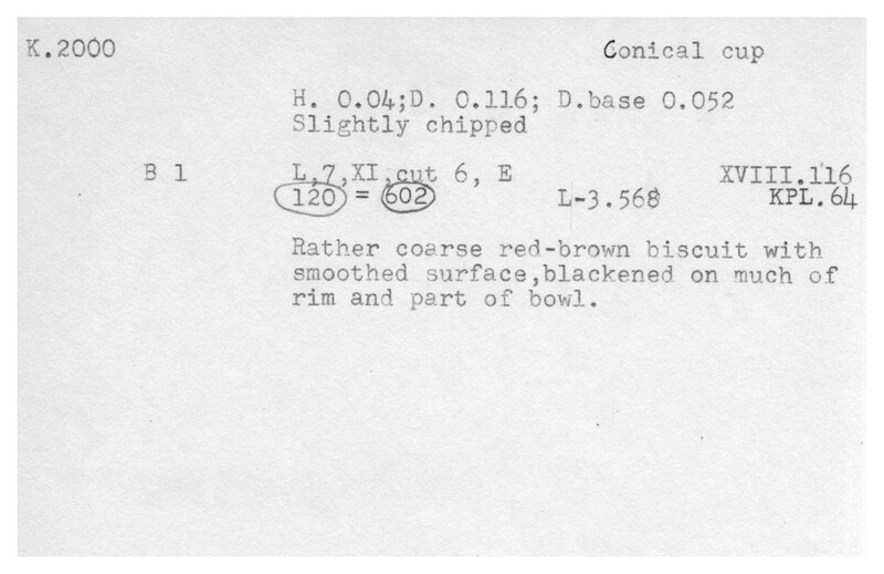 Index card with typed and handwritten information, sometimes including a sketch, of pottery from an excavation.