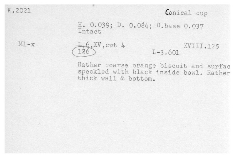 Index card with typed and handwritten information, sometimes including a sketch, of pottery from an excavation.