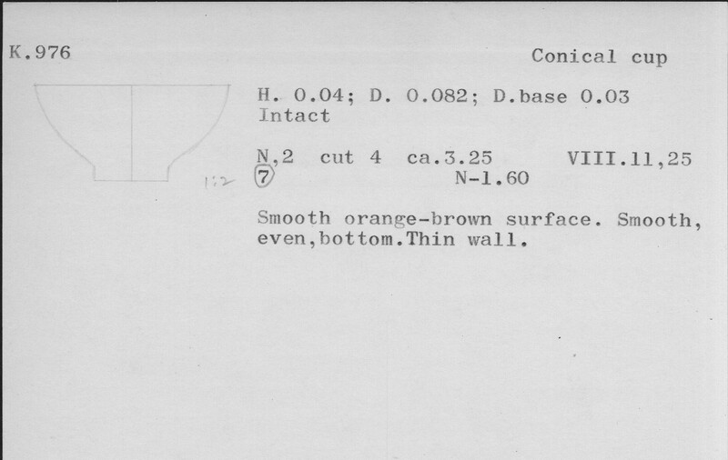 Index card with typed and handwritten information, sometimes including a sketch, of pottery from an excavation.