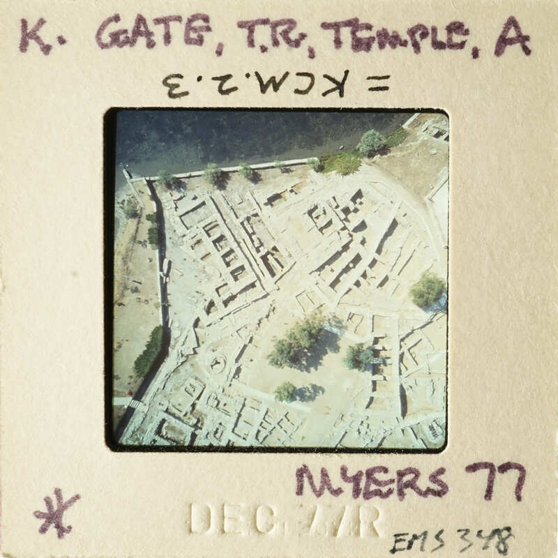 Ancient ruins and buildings with handwritten notes on an old photograph.