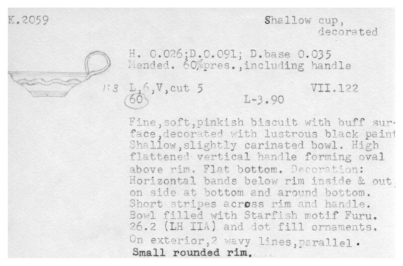Index card with typed and handwritten information, sometimes including a sketch, of pottery from an excavation.