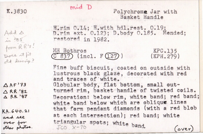 Index card with typed and handwritten information, sometimes including a sketch, of pottery from an excavation.
