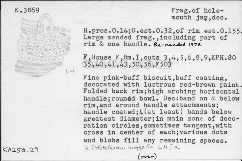 Index card with typed and handwritten information, sometimes including a sketch, of pottery from an excavation.