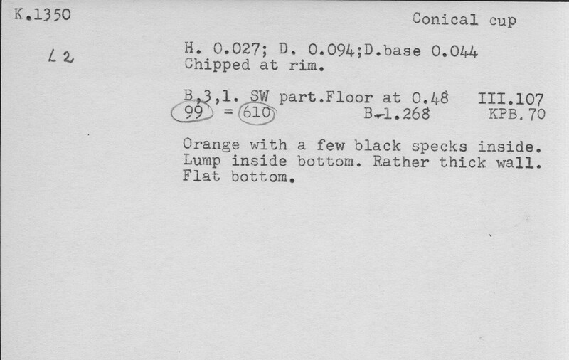 Index card with typed and handwritten information, sometimes including a sketch, of pottery from an excavation.
