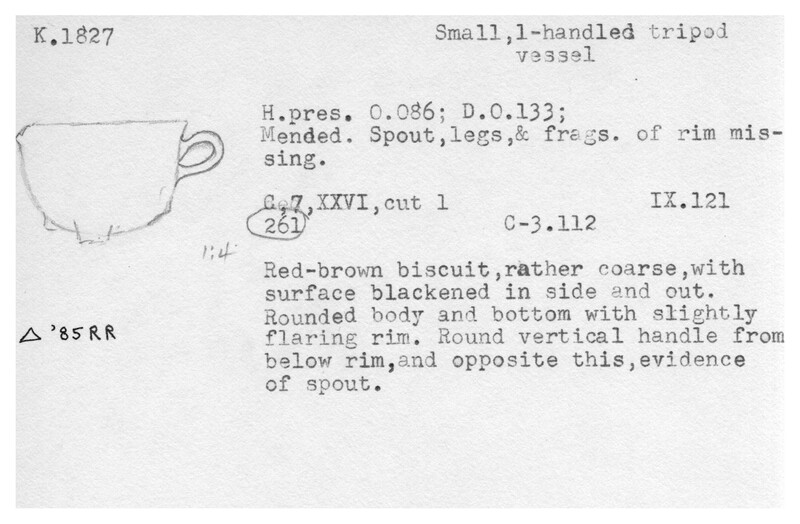 Index card with typed and handwritten information, sometimes including a sketch, of pottery from an excavation.