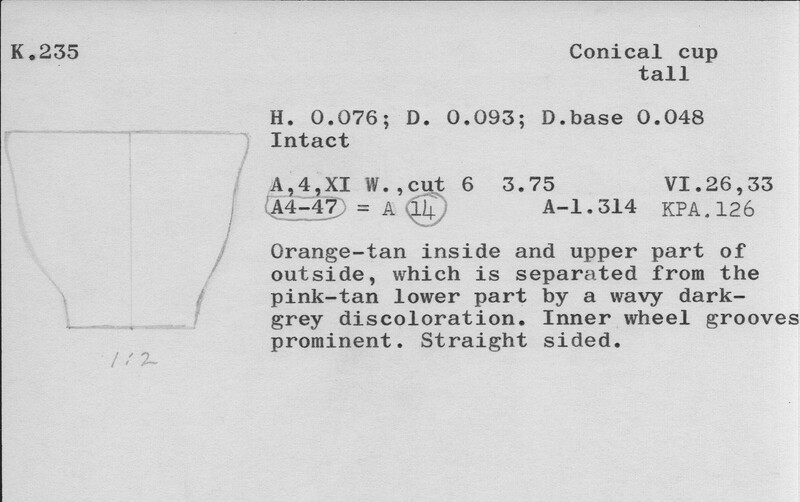 Index card with typed and handwritten information, sometimes including a sketch, of pottery from an excavation.
