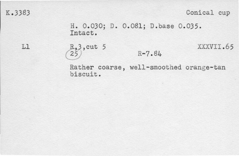 Index card with typed and handwritten information, sometimes including a sketch, of pottery from an excavation.