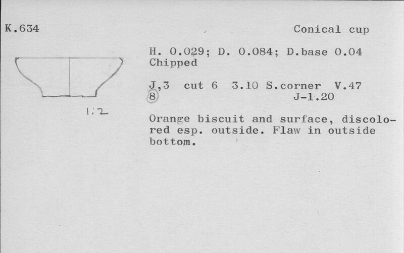 Index card with typed and handwritten information, sometimes including a sketch, of pottery from an excavation.