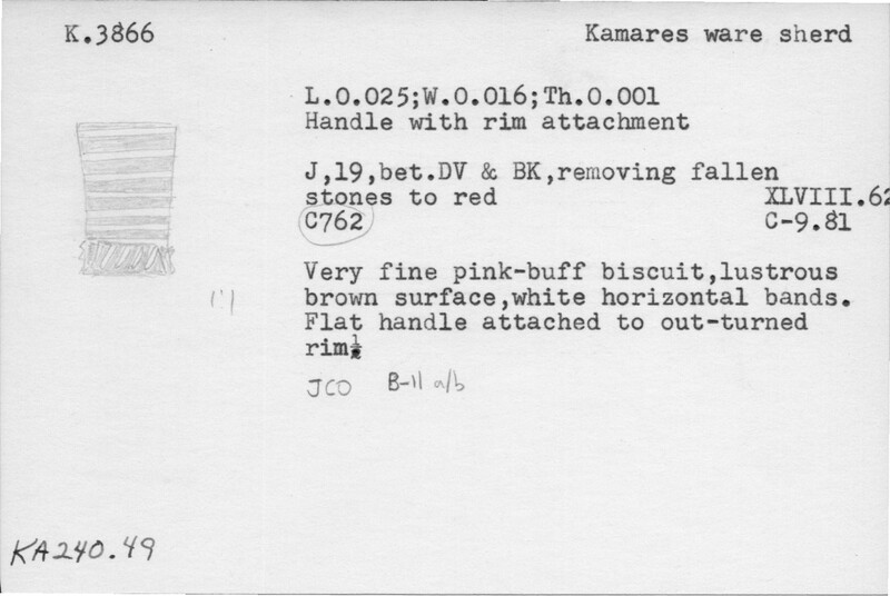 Index card with typed and handwritten information, sometimes including a sketch, of pottery from an excavation.