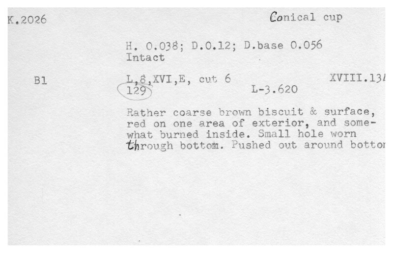 Index card with typed and handwritten information, sometimes including a sketch, of pottery from an excavation.