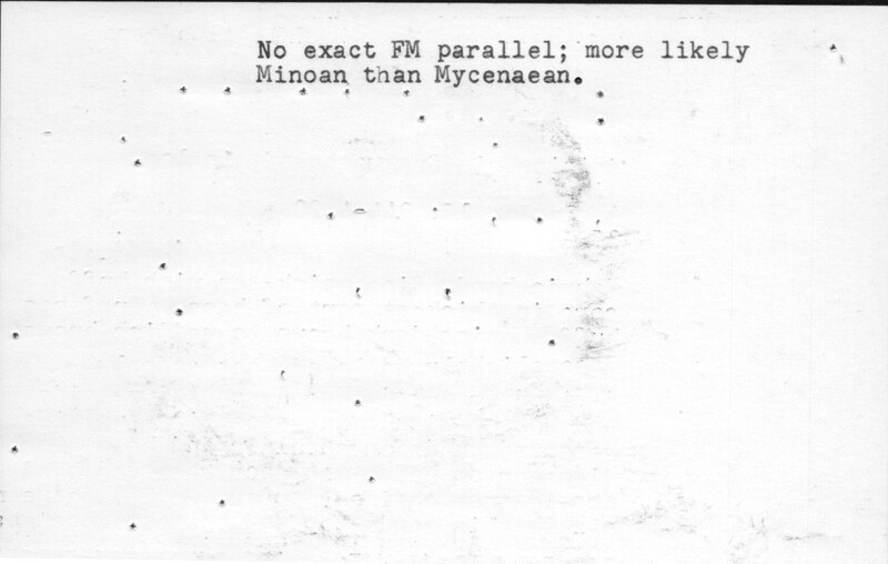 Index card with typed and handwritten information, sometimes including a sketch, of pottery from an excavation.