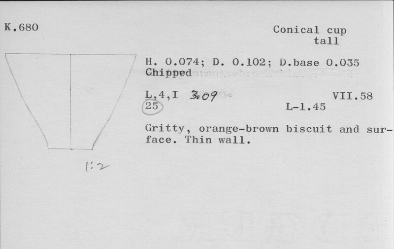 Index card with typed and handwritten information, sometimes including a sketch, of pottery from an excavation.