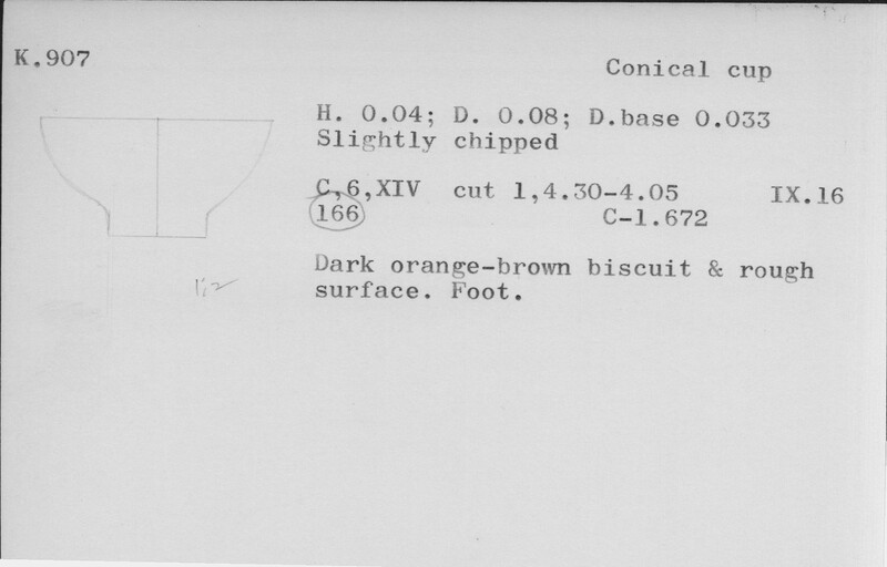 Index card with typed and handwritten information, sometimes including a sketch, of pottery from an excavation.