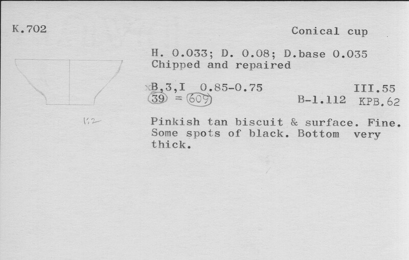 Index card with typed and handwritten information, sometimes including a sketch, of pottery from an excavation.