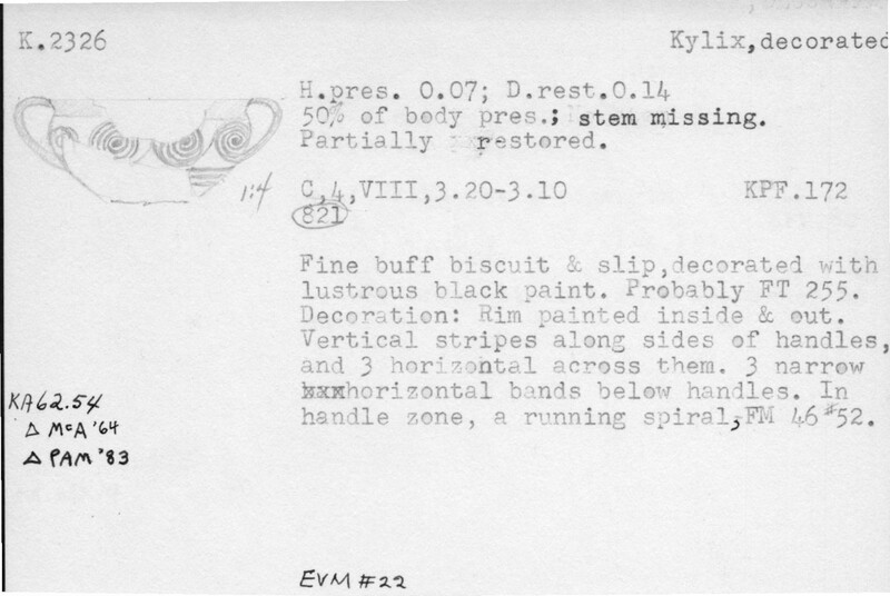 Index card with typed and handwritten information, sometimes including a sketch, of pottery from an excavation.