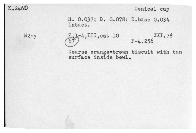 Index card with typed and handwritten information, sometimes including a sketch, of pottery from an excavation.