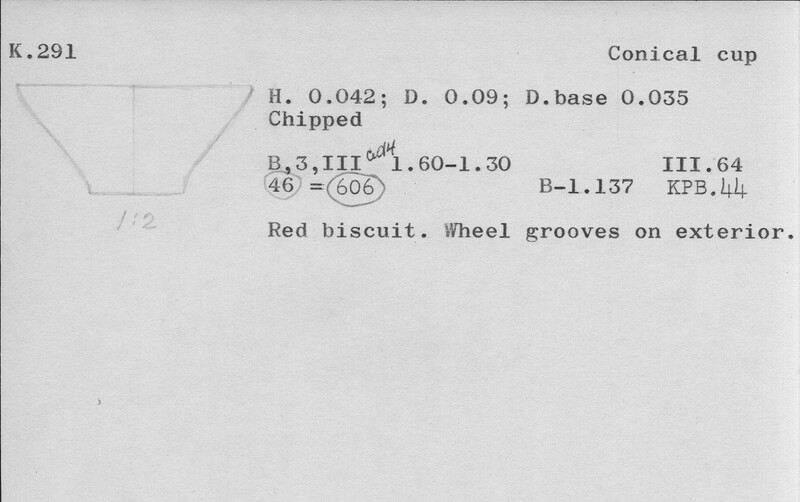 Index card with typed and handwritten information, sometimes including a sketch, of pottery from an excavation.