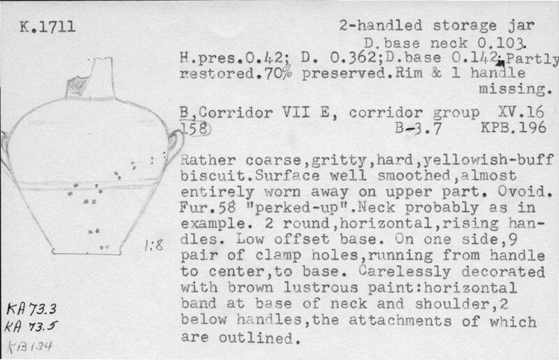 Index card with typed and handwritten information, sometimes including a sketch, of pottery from an excavation.