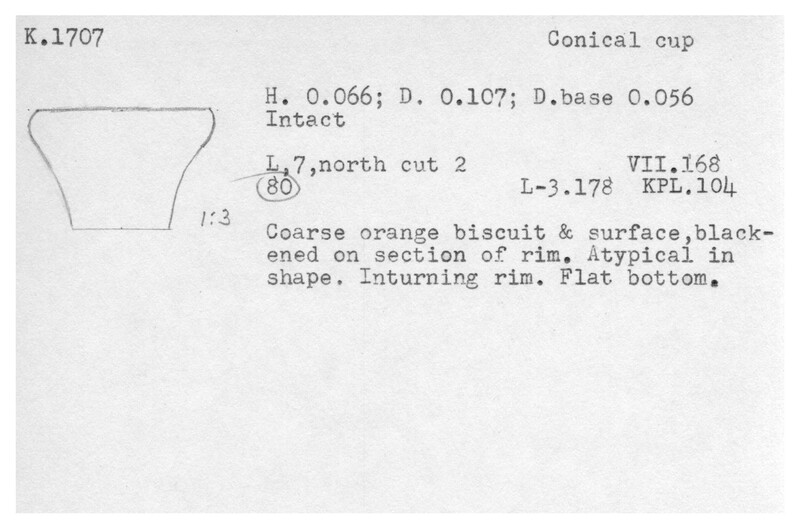 Index card with typed and handwritten information, sometimes including a sketch, of pottery from an excavation.
