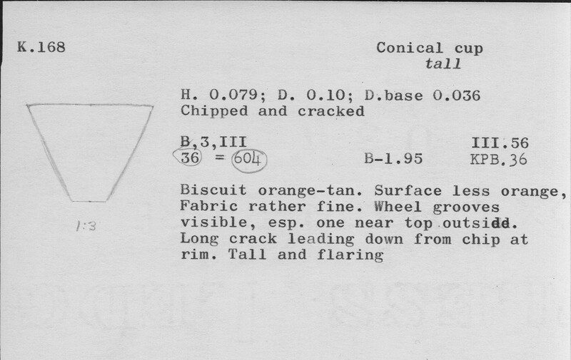 Index card with typed and handwritten information, sometimes including a sketch, of pottery from an excavation.