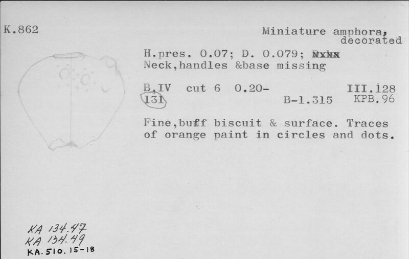 Index card with typed and handwritten information, sometimes including a sketch, of pottery from an excavation.