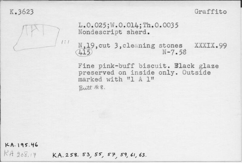 Index card with typed and handwritten information, sometimes including a sketch, of pottery from an excavation.