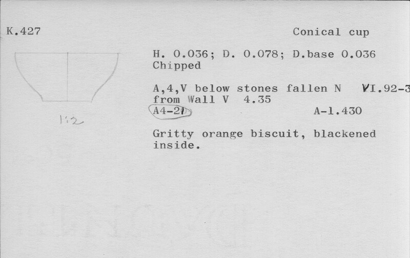 Index card with typed and handwritten information, sometimes including a sketch, of pottery from an excavation.