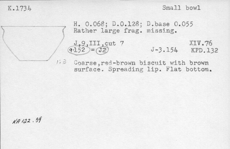 Index card with typed and handwritten information, sometimes including a sketch, of pottery from an excavation.
