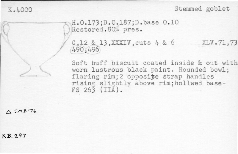 Index card with typed and handwritten information, sometimes including a sketch, of pottery from an excavation.