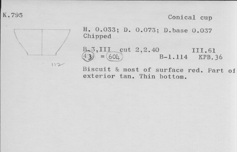 Index card with typed and handwritten information, sometimes including a sketch, of pottery from an excavation.