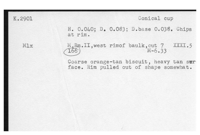 Index card with typed and handwritten information, sometimes including a sketch, of pottery from an excavation.