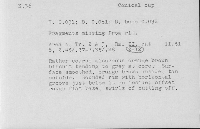Index card with typed and handwritten information, sometimes including a sketch, of pottery from an excavation.