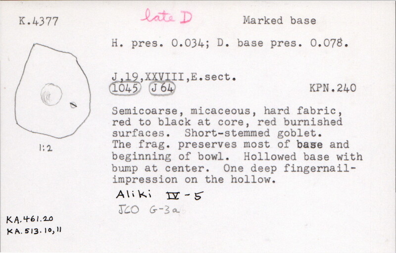 Index card with typed and handwritten information, sometimes including a sketch, of pottery from an excavation.