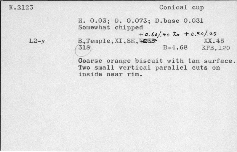 Index card with typed and handwritten information, sometimes including a sketch, of pottery from an excavation.