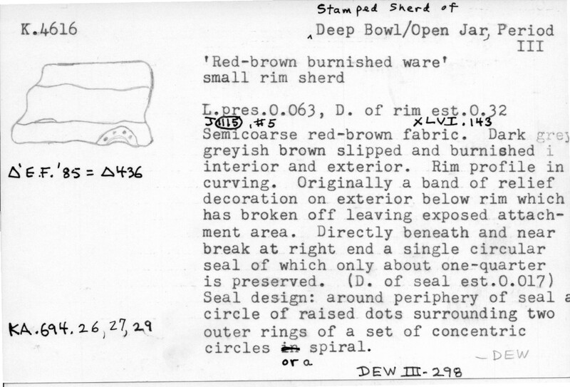 Index card with typed and handwritten information, sometimes including a sketch, of pottery from an excavation.