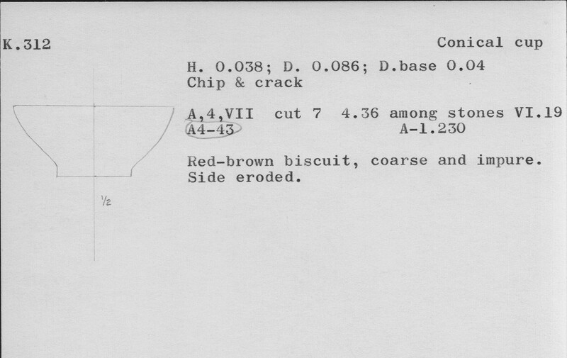 Index card with typed and handwritten information, sometimes including a sketch, of pottery from an excavation.