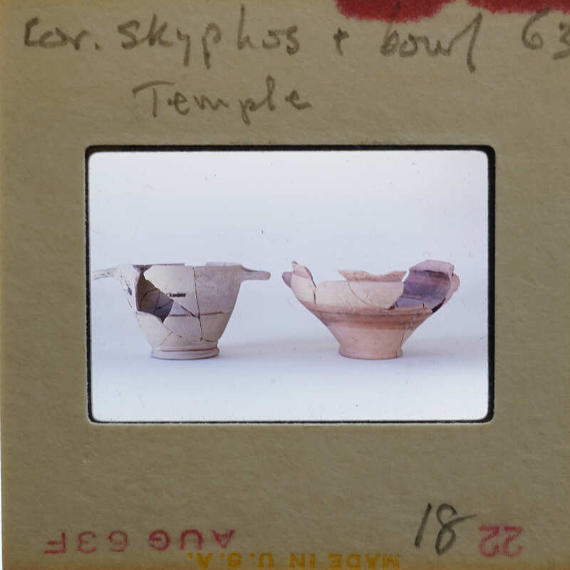 Two partially reassembled pots, skyphos on the left, bowl on the right, in profile.