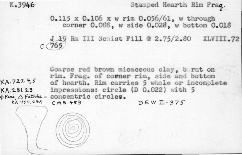 Index card with typed and handwritten information, sometimes including a sketch, of pottery from an excavation.