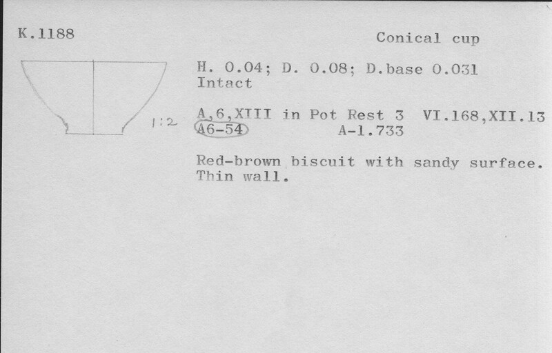 Index card with typed and handwritten information, sometimes including a sketch, of pottery from an excavation.