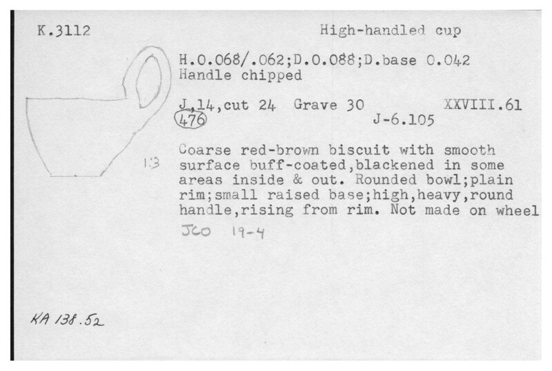 Index card with typed and handwritten information, sometimes including a sketch, of pottery from an excavation.