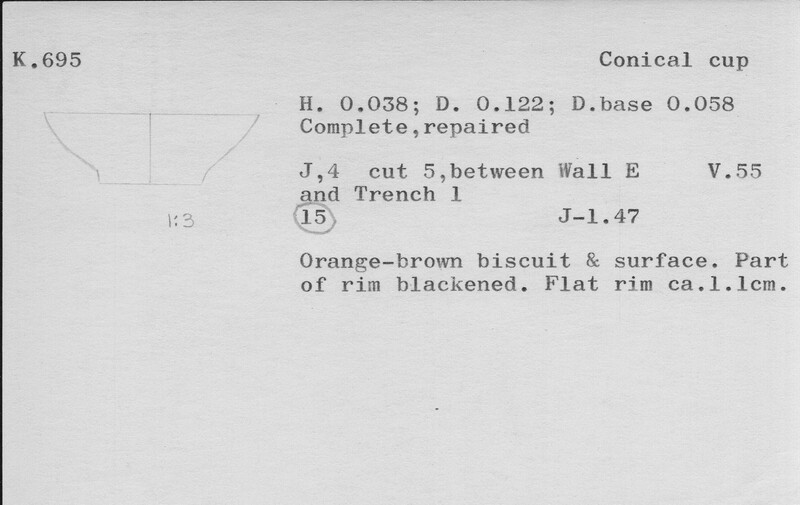 Index card with typed and handwritten information, sometimes including a sketch, of pottery from an excavation.