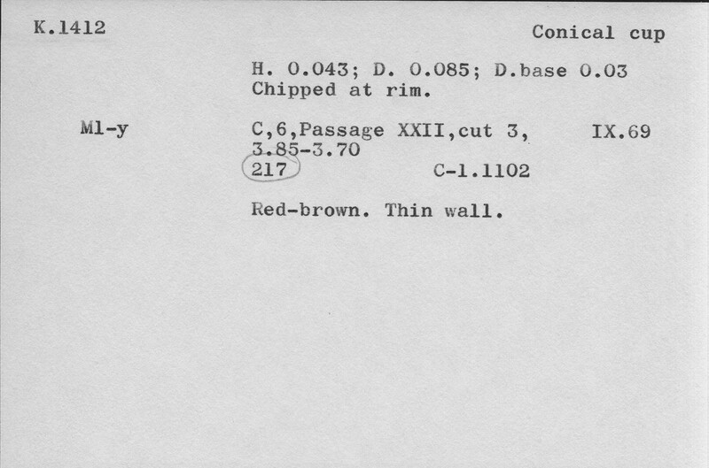 Index card with typed and handwritten information, sometimes including a sketch, of pottery from an excavation.