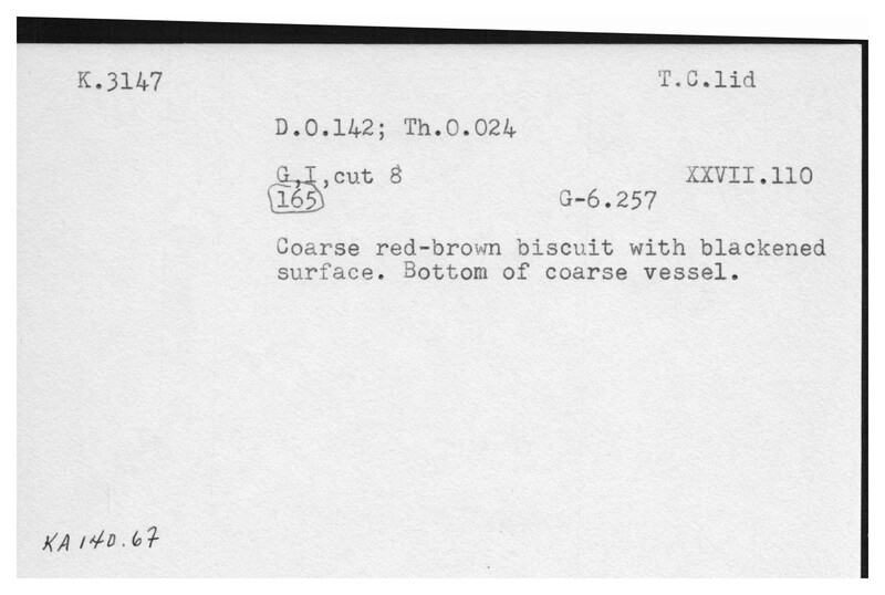 Index card with typed and handwritten information, sometimes including a sketch, of pottery from an excavation.