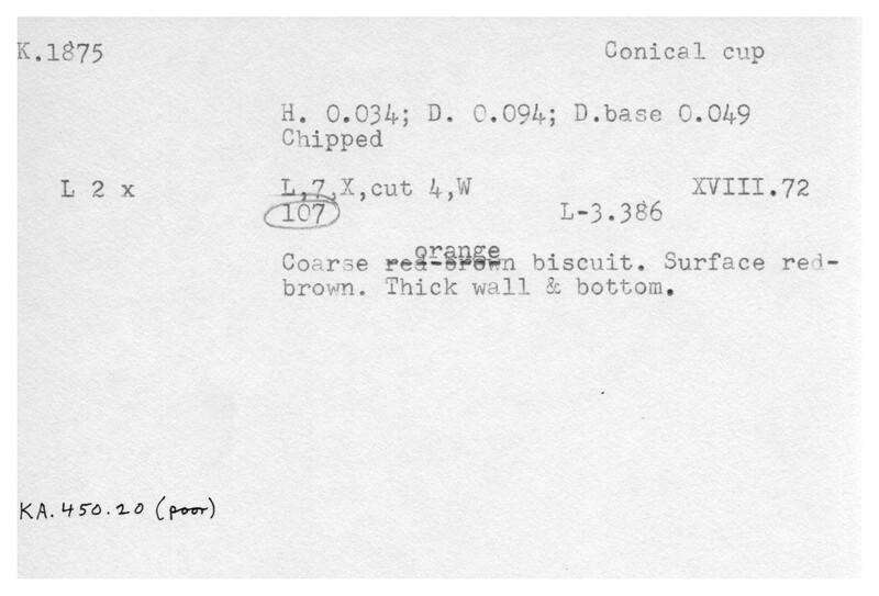 Index card with typed and handwritten information, sometimes including a sketch, of pottery from an excavation.